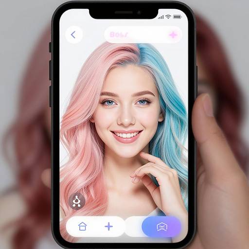Photograph of a smartphone displaying a smiling woman with long, pastel pink and blue hair, taken by a hand with red hair in the background.