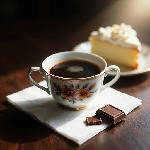 Photograph of a floral teacup with dark coffee, white napkin, chocolate pieces, and a slice of cream-topped cake in the background