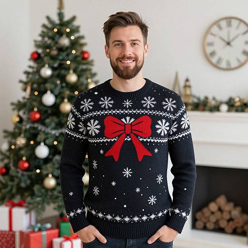 Man in Festive Sweater by Christmas Tree