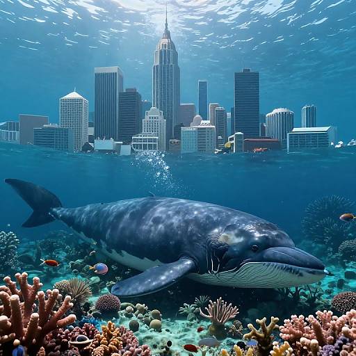 Digital artwork of a large whale swimming beneath a sunlit city skyline with diverse coral reefs and various marine life in the foreground.