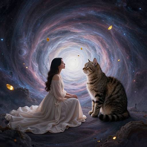 Digital art of a woman in a white dress and a striped cat sitting in a swirling galaxy, with floating stars and planets. Ethereal, cosmic scene
