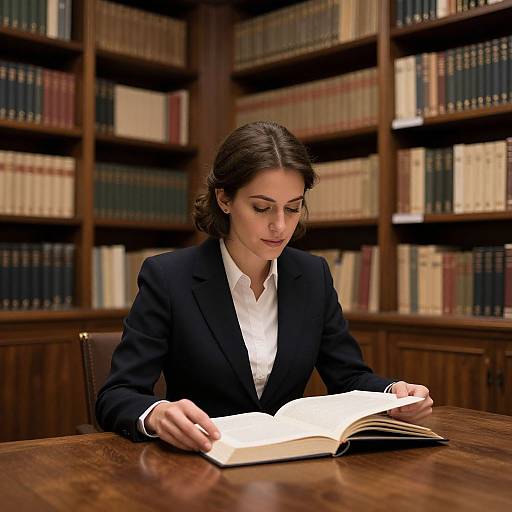 Photograph of a focused woman in a black suit and white shirt, reading an open book at a wooden library table.
