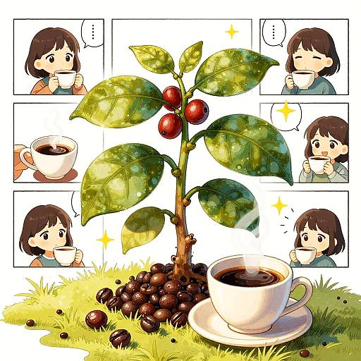Anime-style digital illustration: Cute girl with short brown hair observes coffee plant with green leaves and red cherries beside coffee cup. Speech bubbles show her thoughts