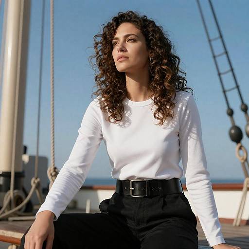 Curly Haired Woman on Sunlit Ship Deck