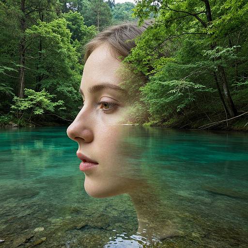 Photograph of a young woman's profile reflected in a clear, turquoise forest pond, surrounded by lush green trees. Her fair skin contrasts with the vibrant