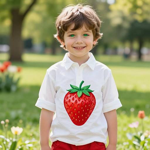 Cheerful Boy in Strawberry Outfit