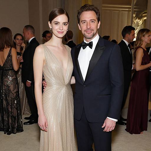 Photograph of a man in a black tuxedo and a woman in a shimmering gold gown, standing closely at a formal event with other eleg
