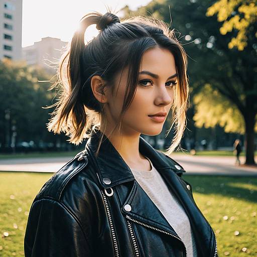 Young Woman with Half Knot Hairstyle in Leather Jacket