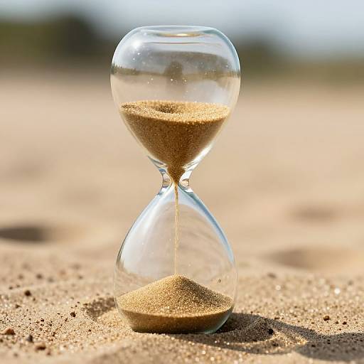 Photograph of a clear glass hourglass with golden sand, standing on a sunlit sandy beach, with a blurred, bright blue sky background.