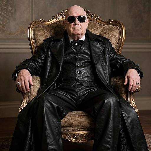 Photograph of a bald, middle-aged man with dark sunglasses, wearing a black leather suit and tie, seated on an ornate, gold-patterned