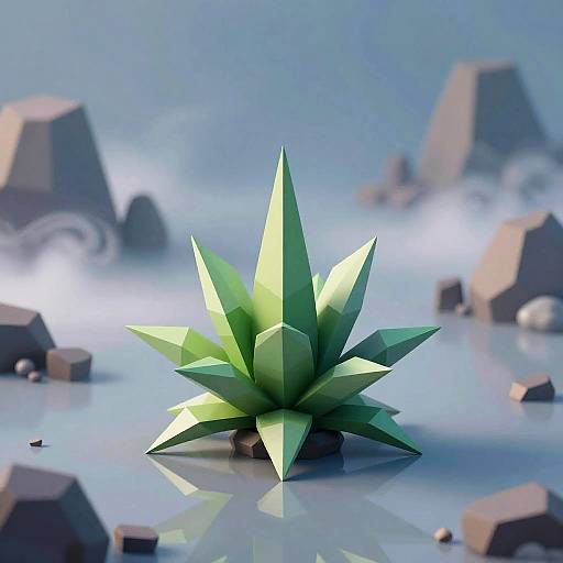 CGI image of a glowing green crystal plant with sharp, angular leaves, centered in a misty, rocky, blue-tinted landscape.