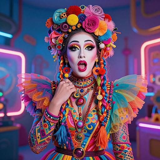 Vibrant photograph of a woman in colorful, elaborate traditional dress with flower crown, feathered wings, neon-lit background, and dramatic makeup.