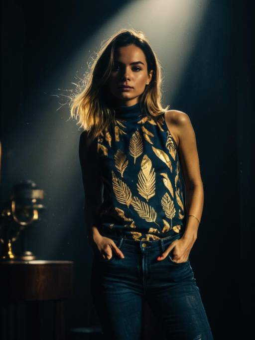 Woman in Feather Print Top and Jeans