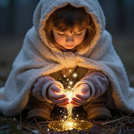 Photograph of a young girl with brown hair, wearing a fluffy white hooded cloak, holding a glowing sparkler in a dark forest.
