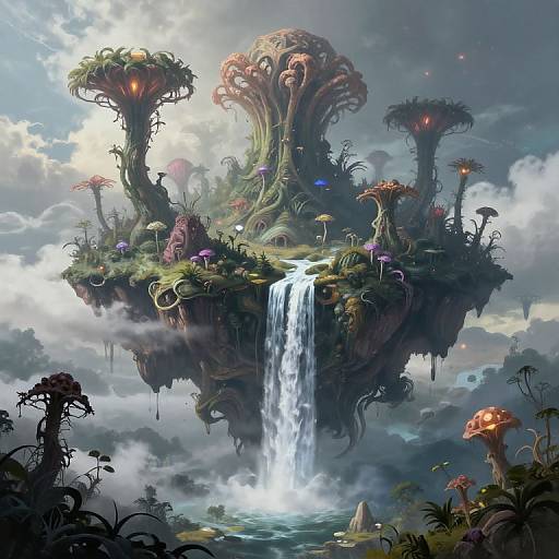 Fantasy digital painting: Floating, mushroom-covered island with towering fungi, waterfall, glowing eyes, colorful plants, cloudy sky, and sunlight. Whims