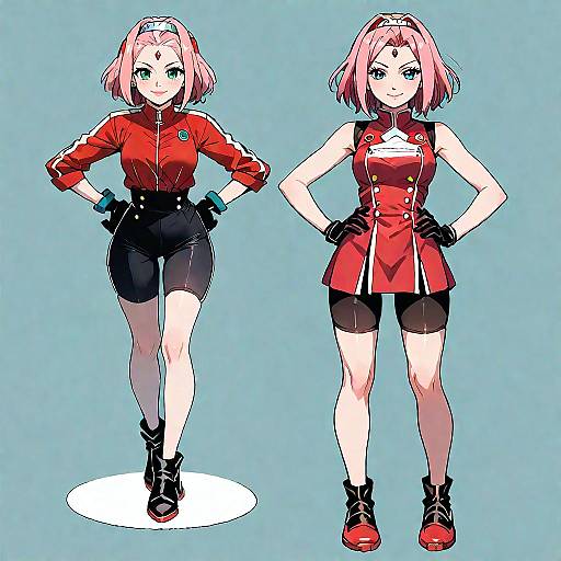 Anime Girls in Red Outfits with Pink Hair
