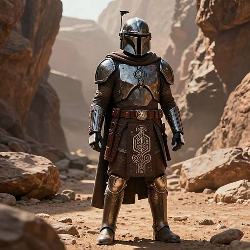 Photorealistic CGI of a Mandalorian warrior in full silver armor with black cloak, standing in a sunlit rocky canyon.