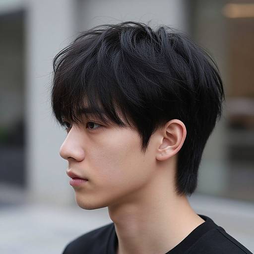 Photograph of an Asian male with short, messy black hair, fair skin, and a serious expression, wearing a black shirt, in an urban setting