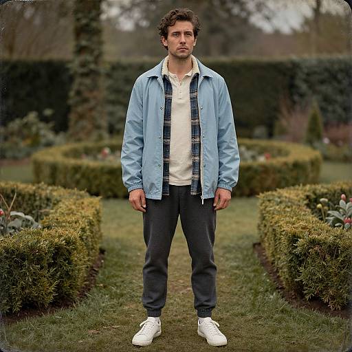 Photograph of a young man with curly brown hair, wearing a light blue jacket, white shirt, black plaid shirt, black pants, and white