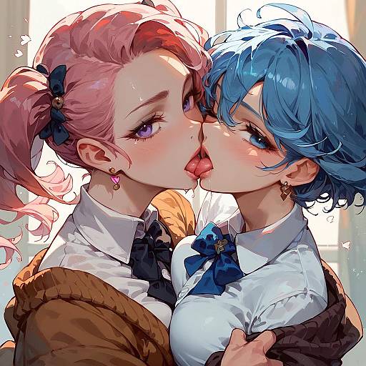 Intimate French Kiss Between Colorful Women