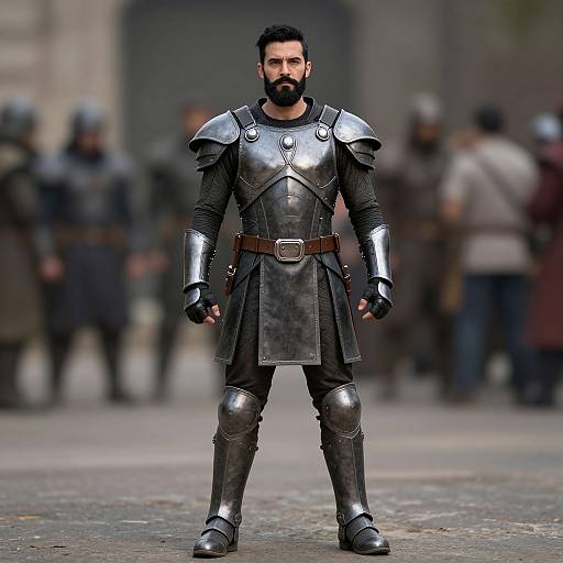 Photorealistic digital image of a bearded man in medieval silver armor, standing confidently in a blurred street, surrounded by indistinctly dressed people