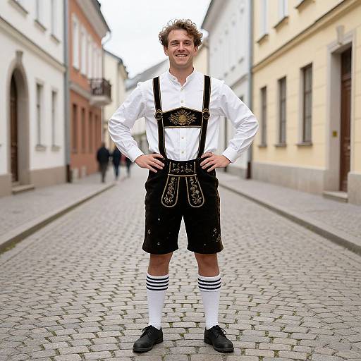 Photograph of a smiling young man with curly hair in traditional Bavarian attire: white shirt, black suspenders, shorts, knee-high socks, and