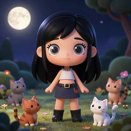 Whimsical Girl with Kittens in Moonlit Garden