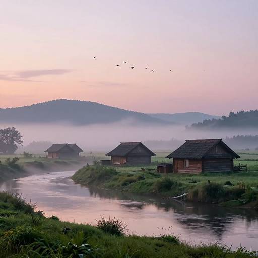 Photograph of tranquil rural landscape at sunrise, featuring three wooden houses by a reflective river, misty hills, and birds in flight.