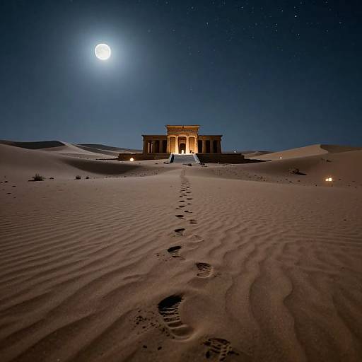 Photograph of a neoclassical building illuminated at night, standing in a desert with footprints leading to it, under a bright full moon in