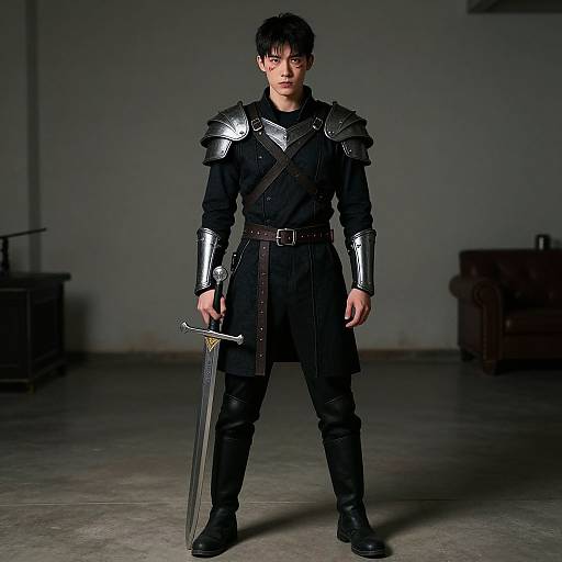 Photograph of a young, fair-skinned male warrior with short black hair, dressed in black armor and holding a long sword in a dimly lit