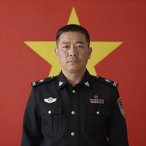 Serious Asian Policeman Against Vibrant Flag