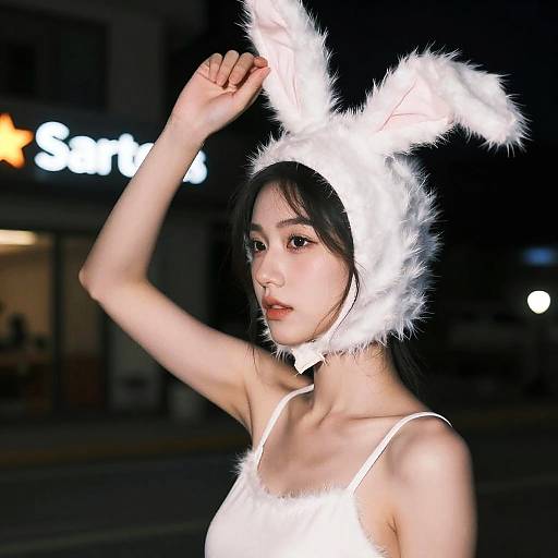 Photograph of an Asian woman with pale skin and black hair, wearing a white, furry bunny ear headband and matching choker, in a nighttime