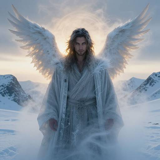 Photograph of a bearded man with long hair, wearing a fur-lined robe and large white angel wings, standing in a snowy mountain landscape at sunset
