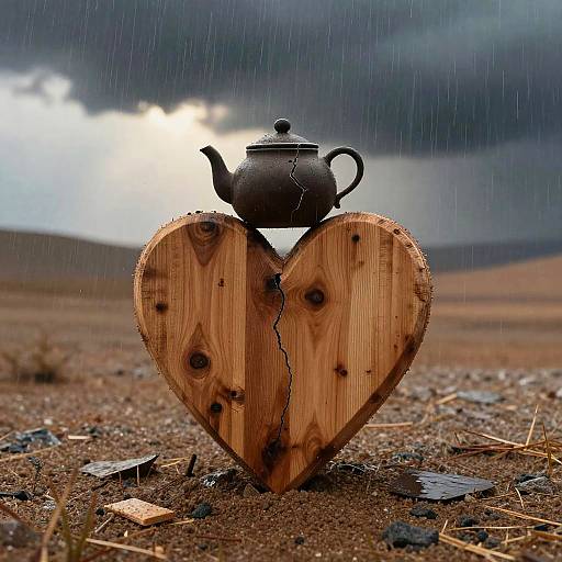 Surreal Wooden Heart in Rain