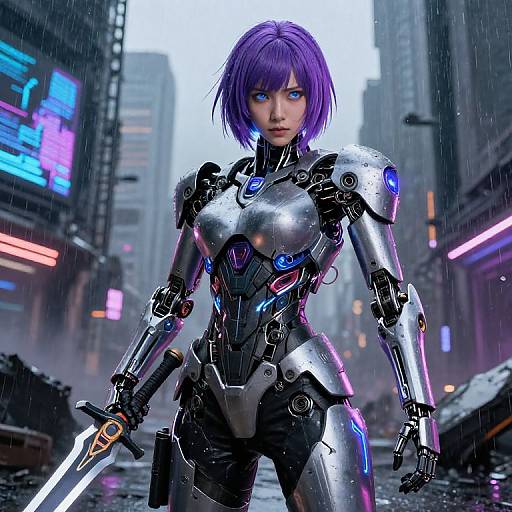 Cyberpunk woman with purple hair in metallic armor, holding a sword, standing in a rainy, neon-lit city street. CGI artwork.