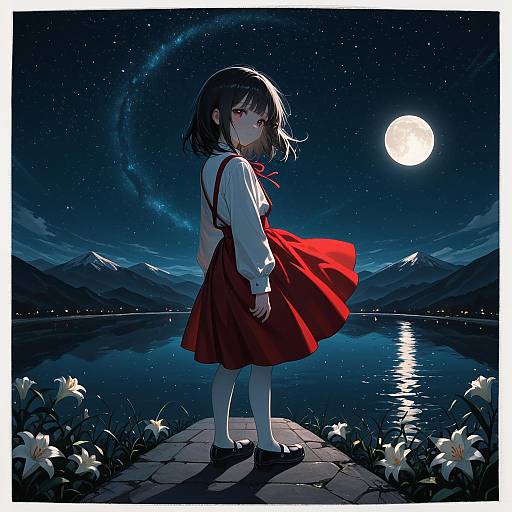 Moonlit Lily: Red-Eyed Girl Panorama