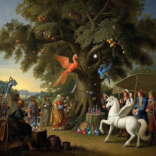 Vibrant medieval market scene with mythical creatures: orange phoenix, blue bird, white unicorn, medieval villagers, colorful bottles, under a large tree.