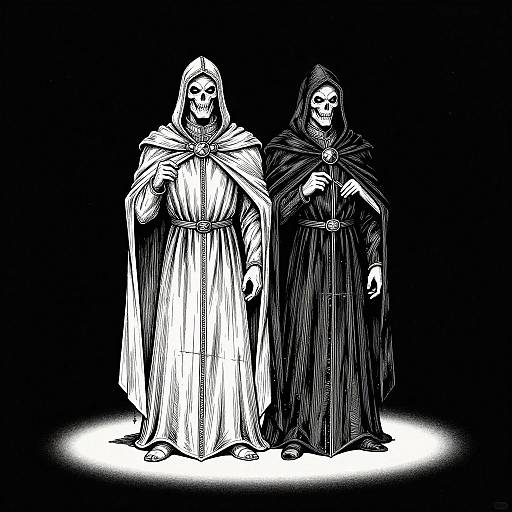 Black-and-white illustration of two skeletal figures in long, flowing robes with hoods, standing side-by-side against a black background.