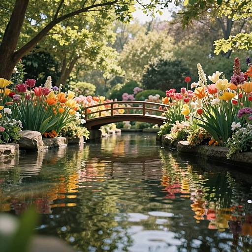 Photograph of a serene garden pond with a wooden bridge, surrounded by vibrant yellow, pink, and orange tulips, reflected in the water, under