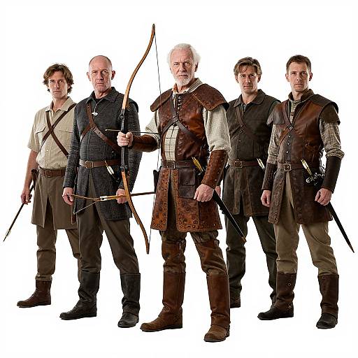 Photograph of five middle-aged men in medieval warrior attire, standing in a row, holding bows and swords, white background.