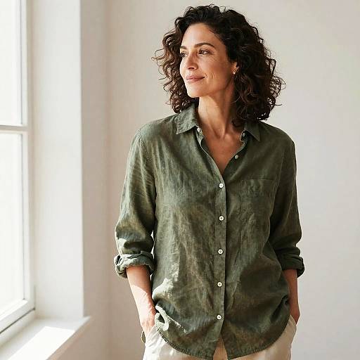 Middle-Aged Woman in Olive Green Shirt by Window