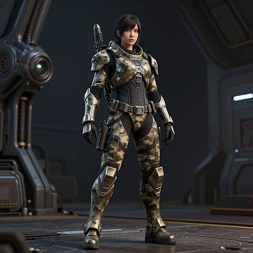 CGI image of a stern-looking woman in camo tactical armor with metal shoulder pads, standing in a dimly lit, futuristic industrial room.