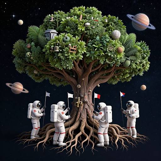 Astronauts Planting Flags Cosmic Tree