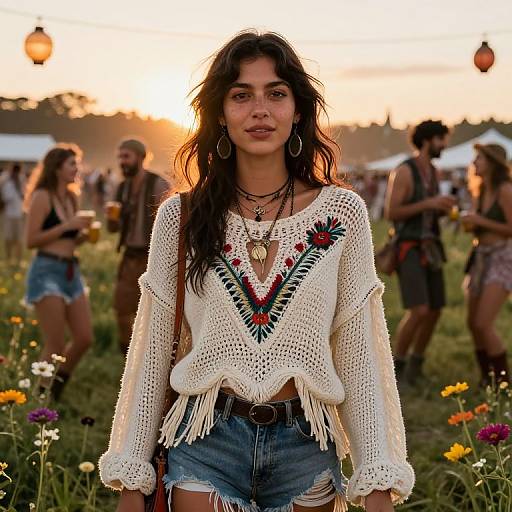 Photograph of a young woman with long dark hair, wearing a white crocheted top with colorful embroidery, denim shorts, and hoop earrings, standing