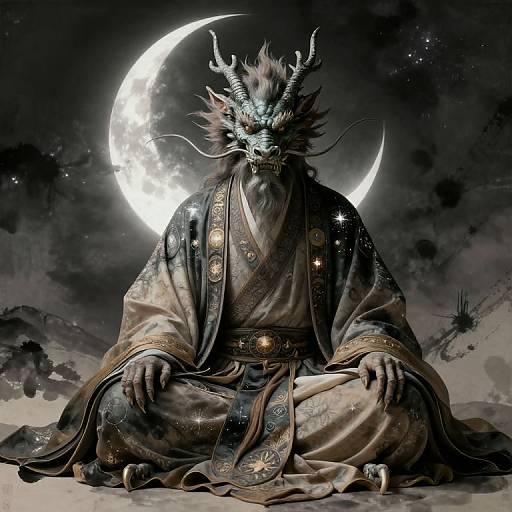 Digital artwork of a mythical, horned dragon-man in a starry kimono, seated cross-legged under a glowing crescent moon, against a dark