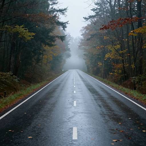 Photograph of a wet, deserted highway lined with misty, autumnal trees, featuring a single white centerline and scattered fallen leaves.