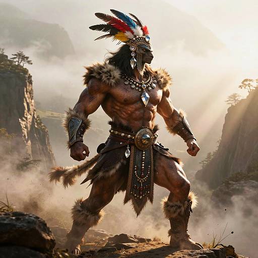 Muscular Native American warrior in feathered headdress and fur-trimmed loincloth stands powerfully against misty, sunlit mountainous landscape