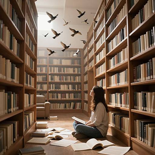 Photograph of a woman with long brown hair, wearing a white sweater and blue jeans, sitting on the floor between tall wooden bookshelves, reading