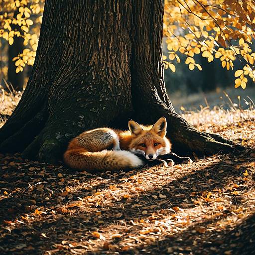Fox Resting Under Tree in Autumn Forest
