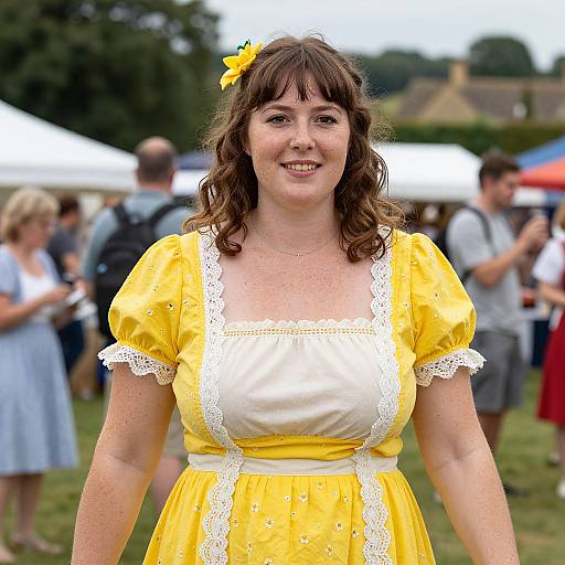 Photograph of a smiling middle-aged white woman with brown hair, wearing a yellow dress with white lace trim, yellow flower hairpin, standing at an